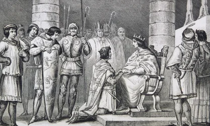 Philippe VI (1293-1350) de Valois erweist Edward III (1312-77) von England die Ehre, aber nur als Herzog von Aquitanien, aus 