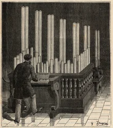 Piano a Gaz - (Gasorgel) Pyrofon (Feuer-/Explosionsorgel) (Feuer-/Explosionskalliope) Gravur in „Sciences à la portée de tous - Physik und Chemie für alle“ von Alexis Clerc - Ende des 19. Jahrhunderts - Private Sammlung.