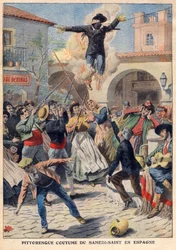 Malerischer Brauch des Karsamstags in Spanien: Die Leute machen eine Weidenpuppe, die in Oriskins (Judas) gekleidet ist, die durch die Straßen getragen, beschimpft, erschossen und verbrannt wird - Illustration aus „Le Petit Journal“ vom 31. März