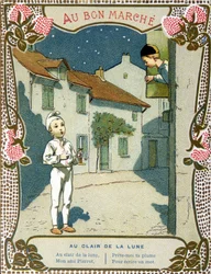 Pierrot mit der Kerze, „Au clair de la lune“ - Etikett von „Le Bon Marché“