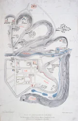 Plan von Jerusalem im Jahr 1308, Illustration aus einer Faksimile-Ausgabe von Liber de Expeditione Terrae Sanctae von Marino Sanuto di Torcello (ca. 1260-1338)