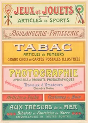 Tafel Nr. 20: Beschilderungsmodelle für Jugendstil-Schildermaler (Spiele und Spielzeug, Bäckerei-Konditorei, Tabak, Fotografie)
