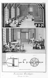 Tafel, die eine Tabakfabrik darstellt. Manufacture de Tabac - L