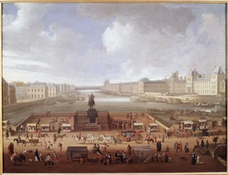 Pont-Neuf, Paris, gesehen vom Eingang zur Place Dauphine mit Blick auf das Collège des Quatre-Nations, Quai Malaquais und Louvre