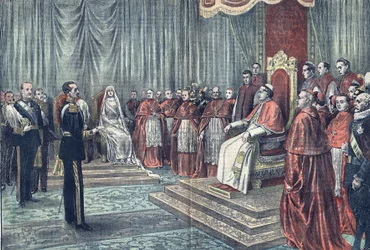 Papst Pius XI. empfängt die Herrscher Spaniens in feierlicher Audienz, in 