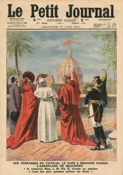 Papst Pius X. beobachtet von der Terrasse des Vatikans aus, wie das Flugzeug von André Beaumont über Rom fliegt, Illustration aus „Le Petit Journal“, illustrierte Beilage, 18. Juni 1911