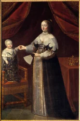Ganzkörperporträt von Anna von Österreich (1601-1666), Königin von Frankreich mit Ludwig XIV. als Kind