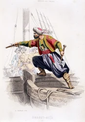 Porträt von Dragut - Reïs, türkischer Pirat des 16. Jahrhunderts - aus „Histoire des pirates et corsaires de l