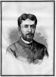 Porträt von Gabriel Charmes (1850-1886), französischer Journalist. Gravur in „Le Monde Illustré“, 8. Mai 1886.