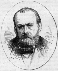 Porträt von Jean Joseph Perraud (1819/1821-1876), französischer Bildhauer. Gravur in „Le Monde Illustré“ Nr. 890 vom 2. Mai 1874.