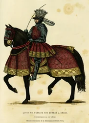 Porträt Ludwigs XII., König von Frankreich (1462-1515), bei seinem Einzug in Genua am 26. August 1502. Farbstich nach einer Miniaturhandschrift der Nationalbibliothek (1515), in „France et les Français à travers les siècles“ von Augustin Challamel, F. Roy