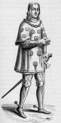 Porträt von Louis de Malet, Herr von Graville (ca. 1441-ca. 1519), Admiral von Frankreich im Jahr 1487, in Kriegs- und Turnierkostüm. Gravur in „La Marine et les colonies: commerce“