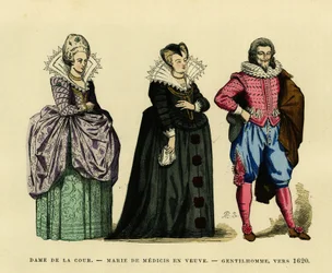 Porträt von Marie de Medici (1573-1642), Königin von Frankreich, in Witwentracht, umgeben von einer Hofdame und einem Edelmann, um 1620. Farbgravur in „Frankreich und die Franzosen durch die Jahrhunderte“ von Augustin Challamel, F. Roy Herausgeber, Paris 1