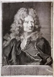 Porträt von Nicolas Boileau, auch bekannt als Boileau Despreaux (1636-1711) Dichter, Schriftsteller. Gravur zur Illustration der Werke von M. Boileau Despreaux, mit historischen Erläuterungen, Band 1, Edition Fabre et Barillot