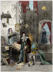 Porträt von Nostradamus, Michel de Notre Dame (1503-1566), französischer Astrologe und Arzt mit Catherine de Médicis (1519-1589) - Gravur des 19. Jahrhunderts