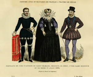 Porträts vor 1600, von Antoine de Saint Chamand, Herr von Mery sur Oise, und von König Heinrich IV. von Frankreich (1553-1610), umgeben von einer unbekannten Frau. Farbstich nach der Zeichnung von Gaignieres, in „Frankreich und die Franzosen durch die Jahr