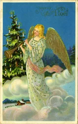 Postkarte, Weihnachtsgrüße: Engel mit Trompete auf Wolken. Anfang des 20. Jahrhunderts
