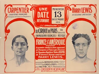 Plakat, das den Boxkampf zwischen Carpentier und Harry Lewis, 1911, bewirbt