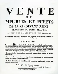 Plakat, das den Verkauf von Marie-Antoinettes Möbeln und Effekten am 25. August ankündigt