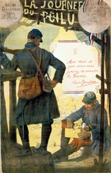 Plakat für „La journée du poilu - 25 et 26 décembre 1915“ mit dem Zitat von Léon Gambetta „Mit euch und durch euch schwören wir, Frankreich zu retten“. (ein Haariger öffnet die Schachtel, die er von seiner Familie erhalten hat).