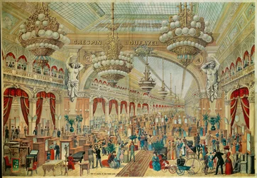 Plakat für Geschäfte (oder Galerien) Crespin Dufayel am Boulevard Barbès in Paris. 19. Jahrhundert Paris. Dekorative Kunst