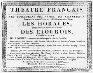 Plakat für die Aufführung von Les Horaces von Pierre Corneille (1606-84) im Theatre Francais in Paris, 1812