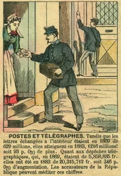 Post und Telegraphen, die das gute Funktionieren der Telekommunikation und der Post dank der Republik veranschaulichen. Gravur in „Le Figaro, Supplement“, am 30.03.1889, Paris. Sammlung Selva.