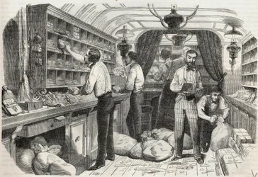 Post: Innenraum des fahrenden Büros - Gravur in „Tableau-de-Paris“ von Edmond Texier 1852