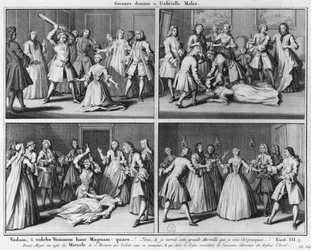 Praxis der Hilfeleistung für Gabrielle Moler, Illustration aus La verite des miracles de M. de Paris... von Louis Basile Carré de Montgeron, 1747, Köln