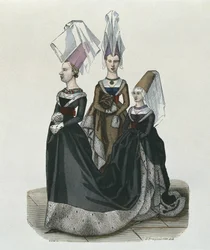 Prinzessin und Hofdamen im Jahr 1470, graviert von Gautier