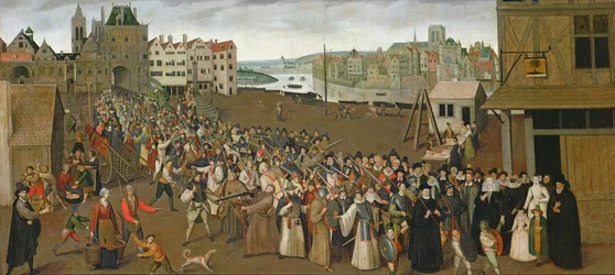 Prozession der Heiligen Liga auf dem Place de Grève, verlässt den Saint-Jean-Bogen, Paris, 1590-3