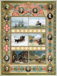 Fortschritt während der Regierungszeit von Königin Victoria (1819-1901). Segelschiffe, Dampfschiffe, Dampflokomotive und Gas- und elektrische Straßenbeleuchtung, 1887
