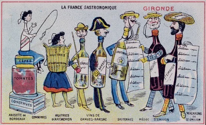 Werbe- und Bildungskarte für Kinder, die Lebensmittelspezialitäten der Region Gironde darstellen, ca. 1910