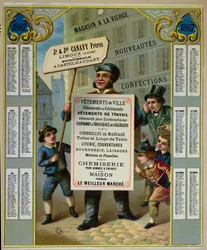 Werbekalender für 1887, Werbung für Canavy Freres Schneider und Kurzwaren, ca. 1886