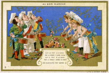 Werbekarte für das Pariser Kaufhaus Au Bon Marché, die Köche zeigt, die auf der Brücke von Avignon tanzen, ca. 1895