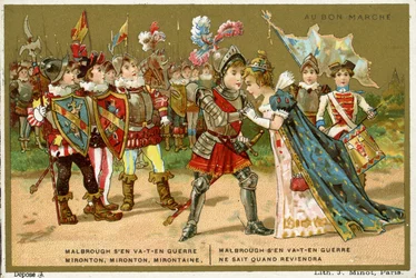 Werbekarte für das Pariser Kaufhaus Au Bon Marché, die eines der beliebtesten Volks- und Kinderlieder in der französischen Sprache darstellt, Marlbrough sen va-t-en guerre (Marlborough ist gegangen)