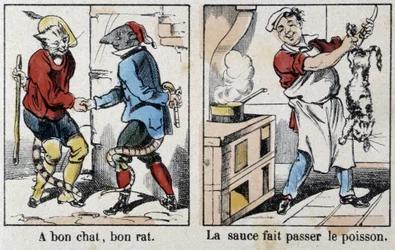 Sprichwörter in Bildern von Epinal: „Eine gute Katze, gute Ratte“ und „Die Soße passiert den Fisch“ - Bild von Epinal, n.d.