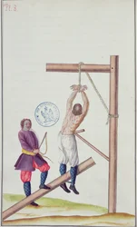 Bestrafung mit einem Knut während des Aufhängens an einem Seil, aus Voyage en Russie, 1731
