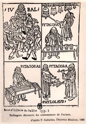 Pythagoras (ca. 580-500 v. Chr.) entdeckt die Konsonanzen der Oktave, aus Theorica Musicae von Franchino Gaffurio, erstmals veröffentlicht 1480, aus Revue de l