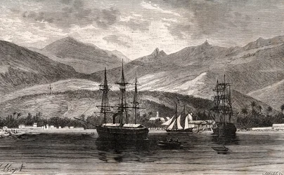 Rade de Taiti - Tahiti - Gravur in „La France illustree: geographie, histoire, administration statistique“ von V.A. Malt-Brown. 1884