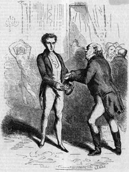 Rastignac schwindelig lässt den weißhaarigen Mann zehn Louis nehmen. Gravur Mitte des 19. Jahrhunderts. Illustration für „Der Vater Goriot“ von Honore de Balzac (1799-1850).