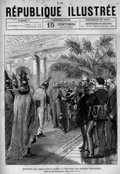 Empfang der siamesischen Botschafter im Außenministerium. Eine Zeitung. Gravur von 1880 in „La république illustrée“ private Sammlung.