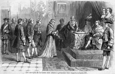 Empfang der korsischen Abordnung durch König Ludwig XV. (1710-1774) im Jahr 1769. Die Gesandten bitten darum, die Insel an Frankreich anzuschließen.