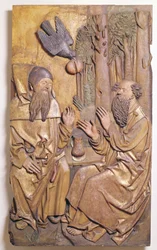 Relief, das St. Antonius zeigt, wie er St. Paul in der Wüste besucht, aus der Kapelle des alten Krankenhauses in Colmar