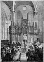Religiöse Kunst: Statue von Notre Dame du Pilier oder "Virgo Noire" (um 1540) in der Kathedrale von Chartres (Eure et Loire, 28) im Jahr 1858. Gravur in "Le Monde Illustré" Nr. 89 vom 25. Dezember 1858.