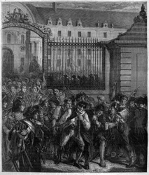 Entfernung von Waffen aus den Invaliden durch das Volk „gegen den Despotismus, Aufstand ist das heiligste Recht und die heiligste Pflicht“. Gravur in „Histoire des Papes-Rois-Reines und Kaiser durch die Jahrhunderte“ von Maurice Lachatre