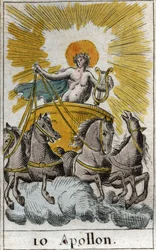 Darstellung von Apollo, Gott des Gesangs, der Musik und der Poesie, auf seinem Wagen. Aus „Mythologie der Jugend“ von Pierre Blanchard 1803.
