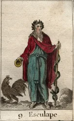 Darstellung des Asklepios, des Gottes der Medizin, der einen Asklepiosstab (Caduceus) in der Hand hält, einen Pilgerstab, um den sich eine Schlange windet, Symbol des Wissens (Der Gott der Medizin, Asklepios oder Äskulap, hält einen Asklepiosstab)