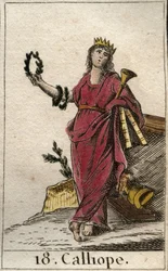 Darstellung der Kalliope, Muse der epischen Dichtung, sie hält eine Krone und die Trompete des Epos in der Hand (Darstellung der Kalliope, Muse der heroischen Dichtung). Aus „Mythologie der Jugend“ von Pierre Blanchard, 1803.
