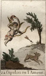 Darstellung von Amor, Diener der Venus, als Kind mit verbundenen Augen, der einen Pfeil zieht. Aus „Mythologie der Jugend“ von Pierre Blanchard 1803.